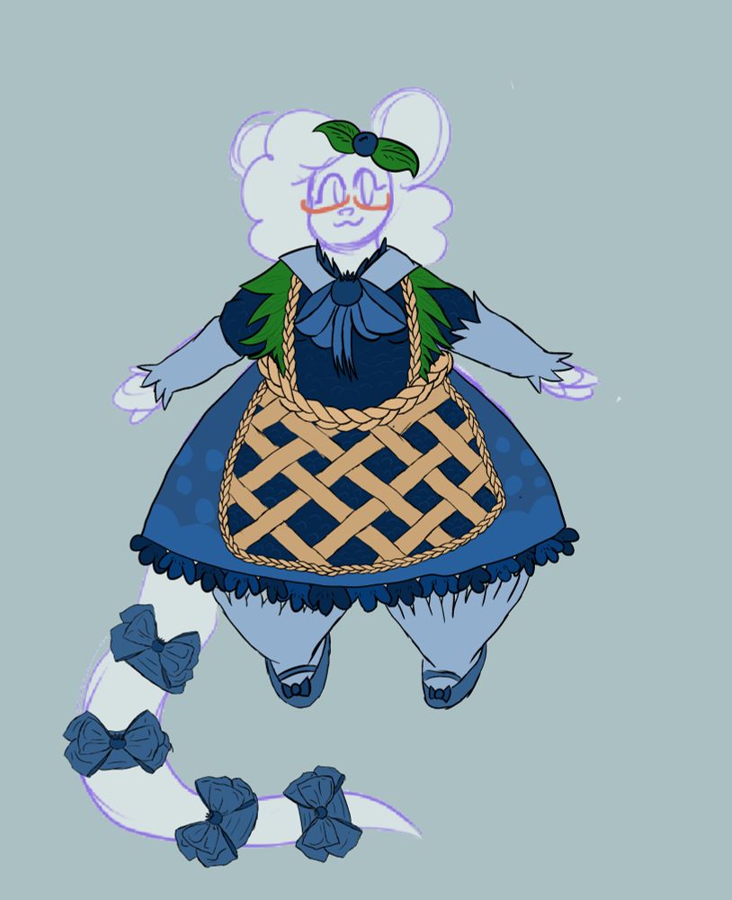 A paper doll mouse girl is dressed in an elegant gothic lolita dress. It is various shades of blue and resembles blueberry pie filling, with an apron designed after lattice pie crust and braided frames. The tail has four blueberry themed bows, and the dress top has green leaf fronds and a blueberry bow on the ear. 