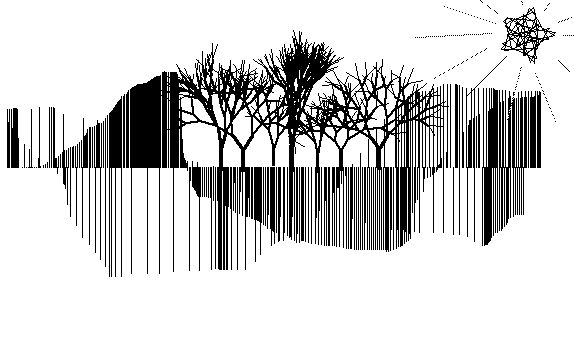 Many vertical bars outline what could be mesas and shadows. In the middle are fractal trees (really just bare trees with symmetrical branches created by algorithm). In the top right is a spirograph style sun-star with light rays coming out of it. The entire image is in black and white, with a white background.
