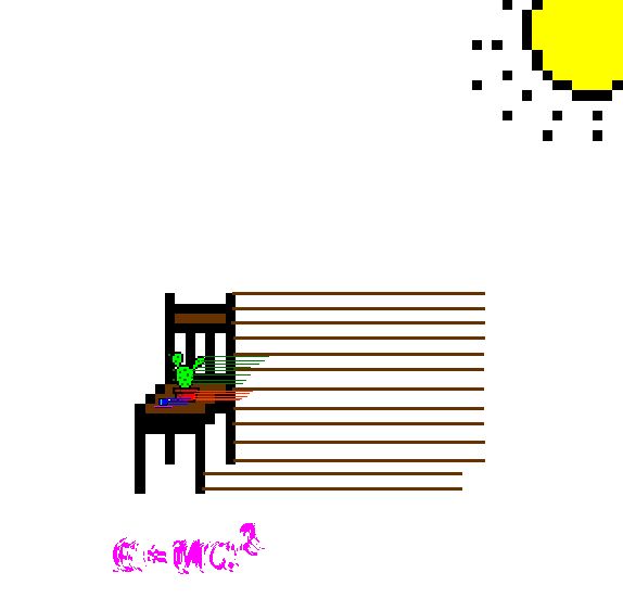 A brown chair with a cactus and an espresso mug. All items have lines to the right suggesting motion toward the left. Underneath, in pink, are the letters E = MC squared, but they are smeared. A yellow sun is in the top right corner. The background is all white.
