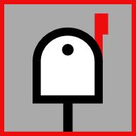 A square with a red border. Inside is a gray background with a minimalist front view of a fat, squat white mailbox with a raised red flag.