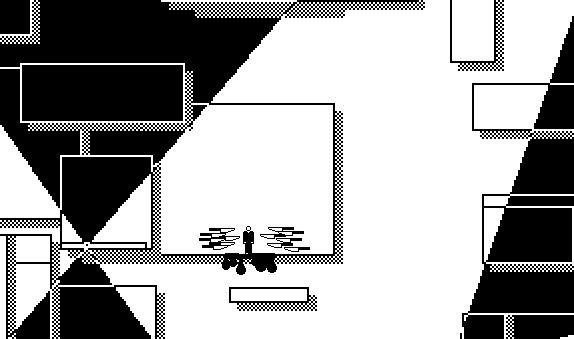 A black and white image with a few transparent rectangles on top of intersecting lines. At the bottom of the largest box in the center is a generic stamp of a man in a business suit. Pointed at him on either side are several knives. Under the box, black drippings, suggesting blood.