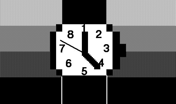 A black and white image of a pixelated watch. The face has the numbers 1 to 8 and hands that point to 1 and 4, with a skinny hand pointing to just above 7.