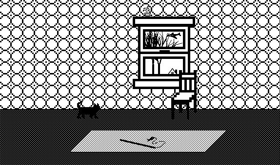 A black and white drawing made in Kid Pix. Depicts a wall patterned with circles. The floor is black with regular white dots. There is a rug on the floor, and on the rug is an abandoned cat toy: a stick with a string attached to a small fish. There is a chair against the wall. Behind the chair is a window. On top of the window is a potted leafy plant. Through the window can be seen trees, an airplane, and the top of a house. Approaching the chair from the left is a black cat.