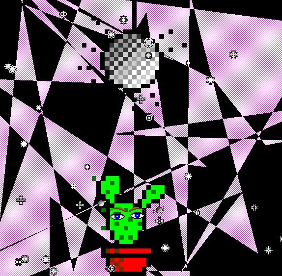 In front of a frenetic background of overlapping triangular shapes that alternate between black and pink sits a pixelated cactus under a pixelated disco ball. The cactus has two blue eyes and two brown eyebrows, and it is wearing two miniature disco balls as earrings. But based on where the eyes are, one might assume the earrings are placed on the "hair" of the cactus instead of the "ears." Black and white sparkles can be seen in the foreground.