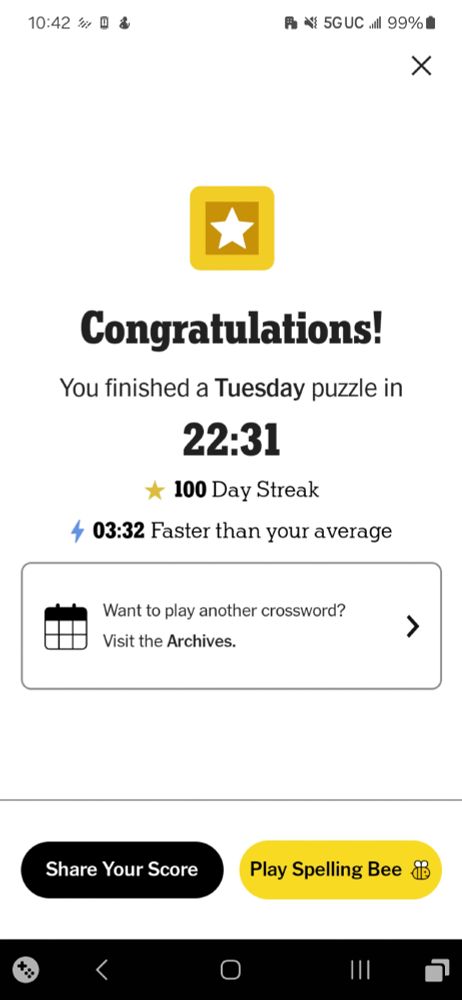 A screenshot of the congratulations screen of the NYT crossword app.

There is a gold square with a star inside, below which are the words "Congratulations! You finished a Tuesday puzzle in 22:31b 100 Day Streakb 03:32 Faster than your average"