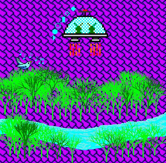 In front of a wild pink shingle patterned background sits a forest of green trees around a rushing blue river. On top of the trees on the left across the river sits a blue bird with several music notes around it. To the right hovers a spacecraft with 2 aliens inside with several primitive shapes around it, representing alien music notes.
