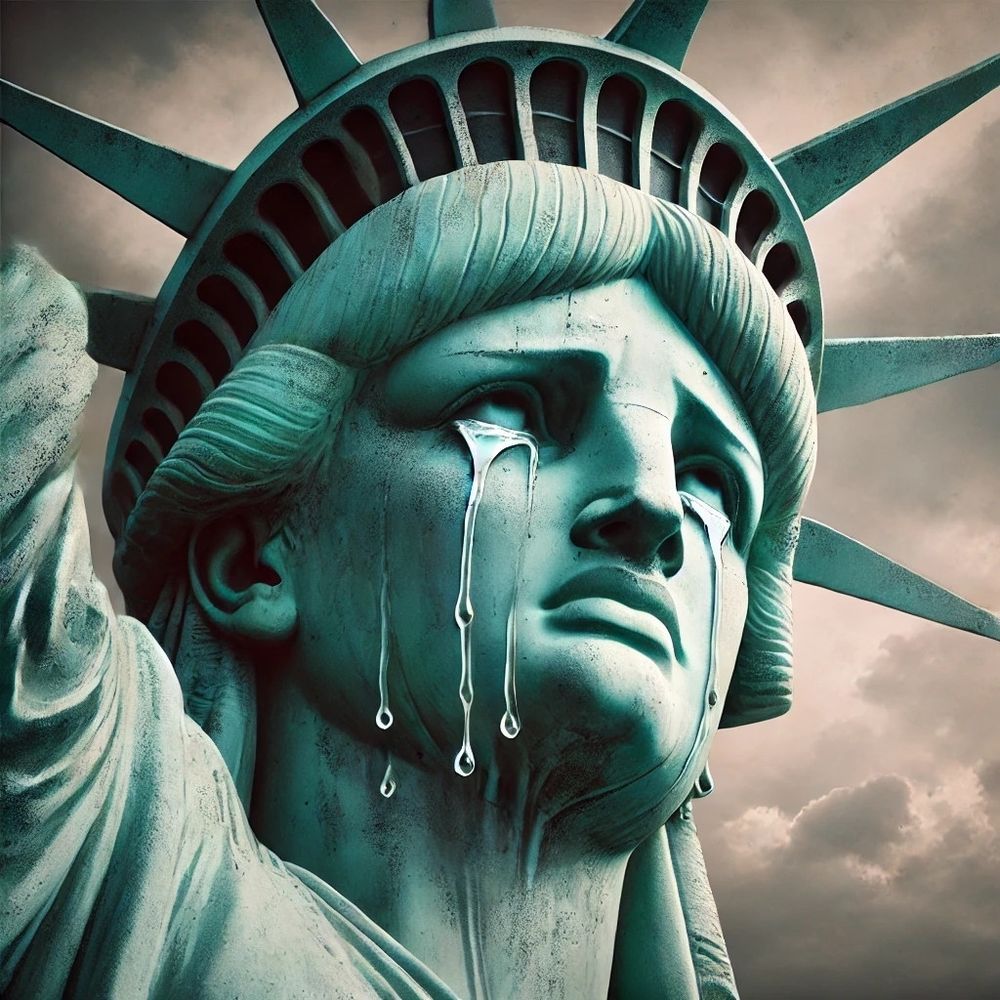 Statue of Liberty crying.