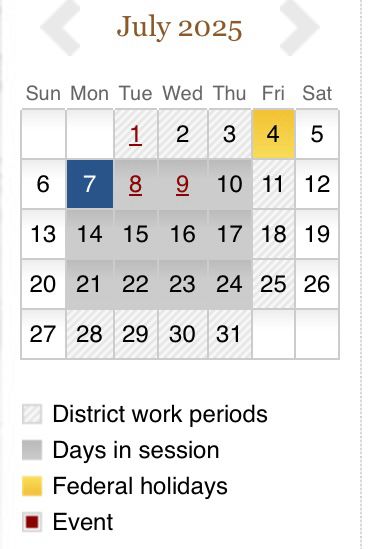 July 2025 House of Representatives calendar from house.gov