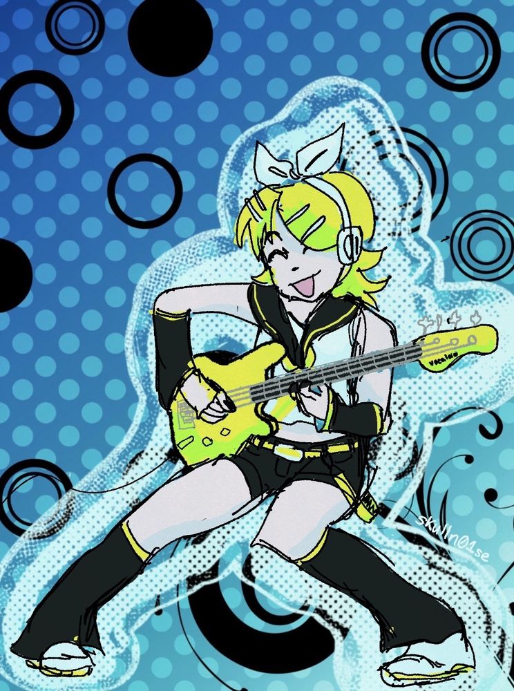 A colored sketch of the vocaloid kagamine rin playing a bright yellow bass guitar. She's in a dramatic pose with one leg kicked out and the other bent inward. She's very happy. The background is a blue frutiger metro design. There's a white polka-dot outline distinguishing her from the background.