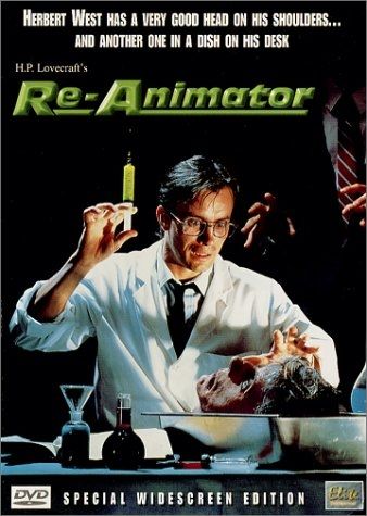 The movie poster for Re-Animator. The main character Herbert West is holding a syringe with neon green fluid inside it, and there is a severed head on his lab table.