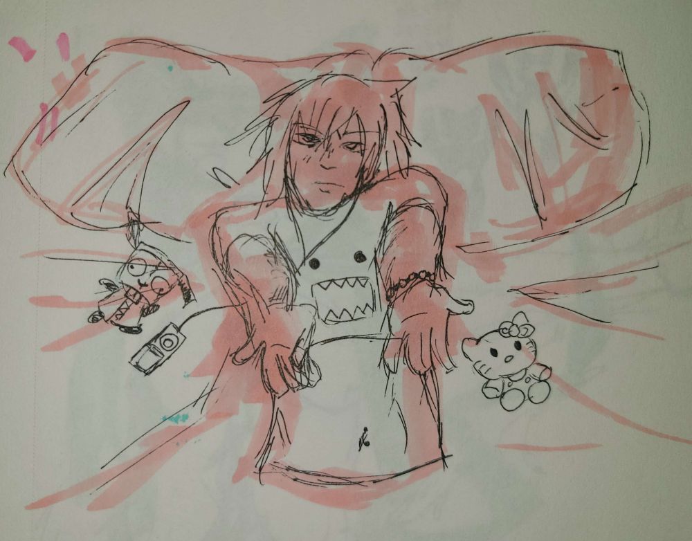 Sketch of scene kid Raiden laying in his bed, arms outstretched to the viewer. He's listening to Tunes on his iPod, wearing a Domo crop top, with Gir and Hello Kitty plushies in his bed.