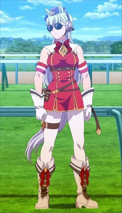 Gold Ship from Uma Musume striking a huge dyke aura pose while wearing sunglasses. Horse girl Char Aznable