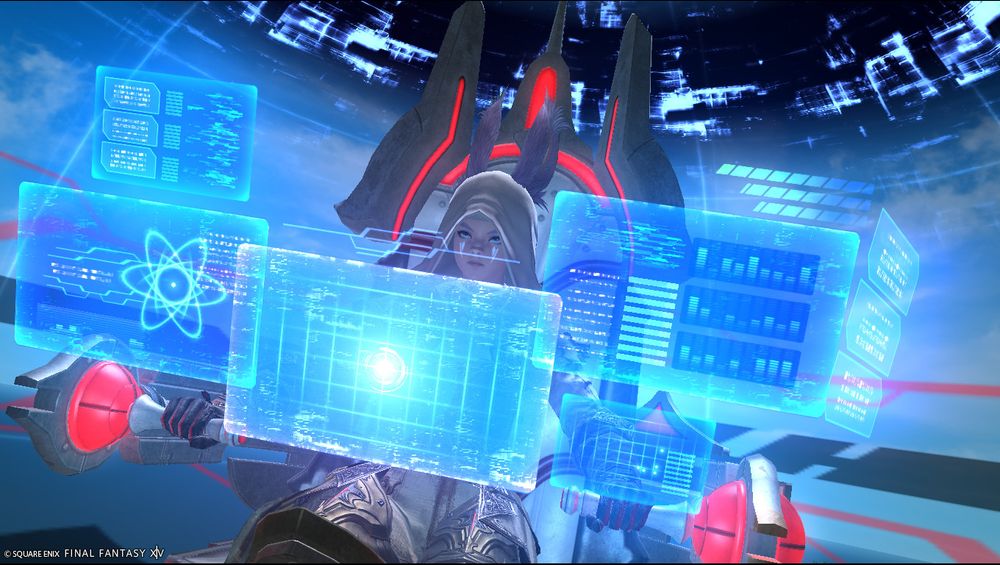 Screenshot from FFXIV. A hooded female Viera (in other words a bunny girl) is sitting in a cockpit, with various holographic screens in front of her displaying informations