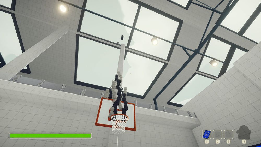 Screenshot of the video game Peak. A basketball hoop in the lobby with several giant chess pieces stacked on the hoop edges. Somehow two pieces found a way to the roof
