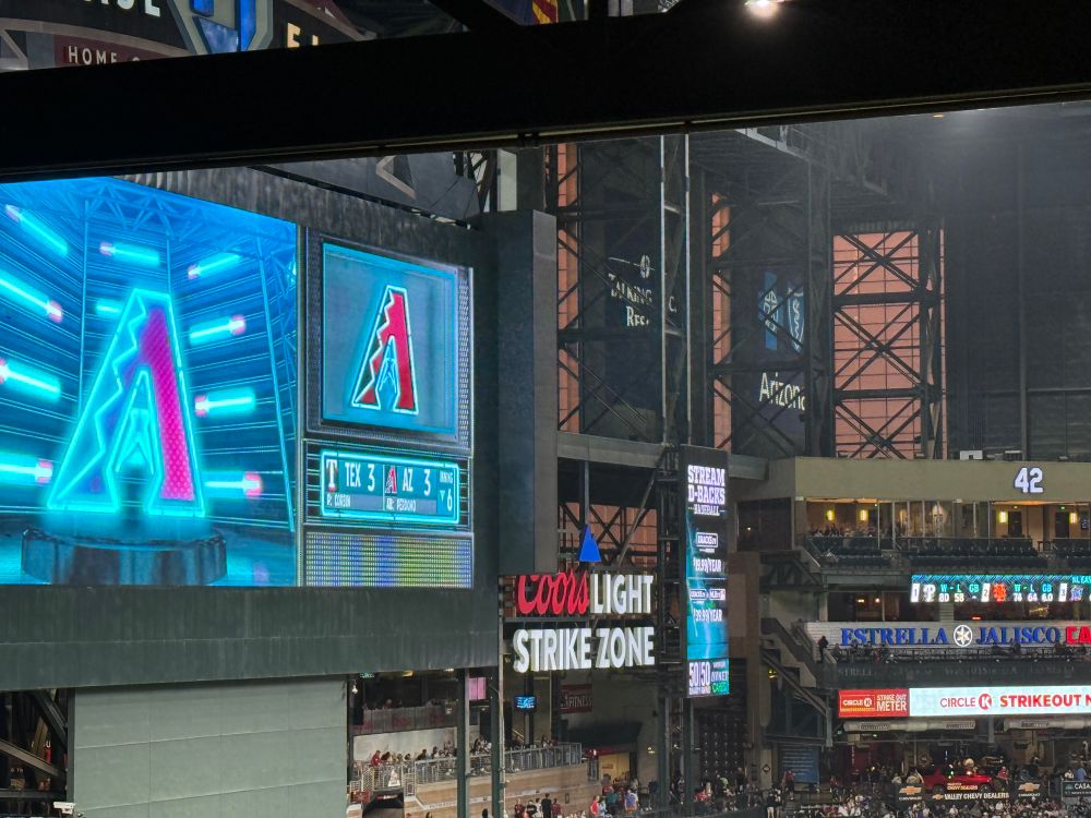 The windows of Chase Field are dark red-brown.