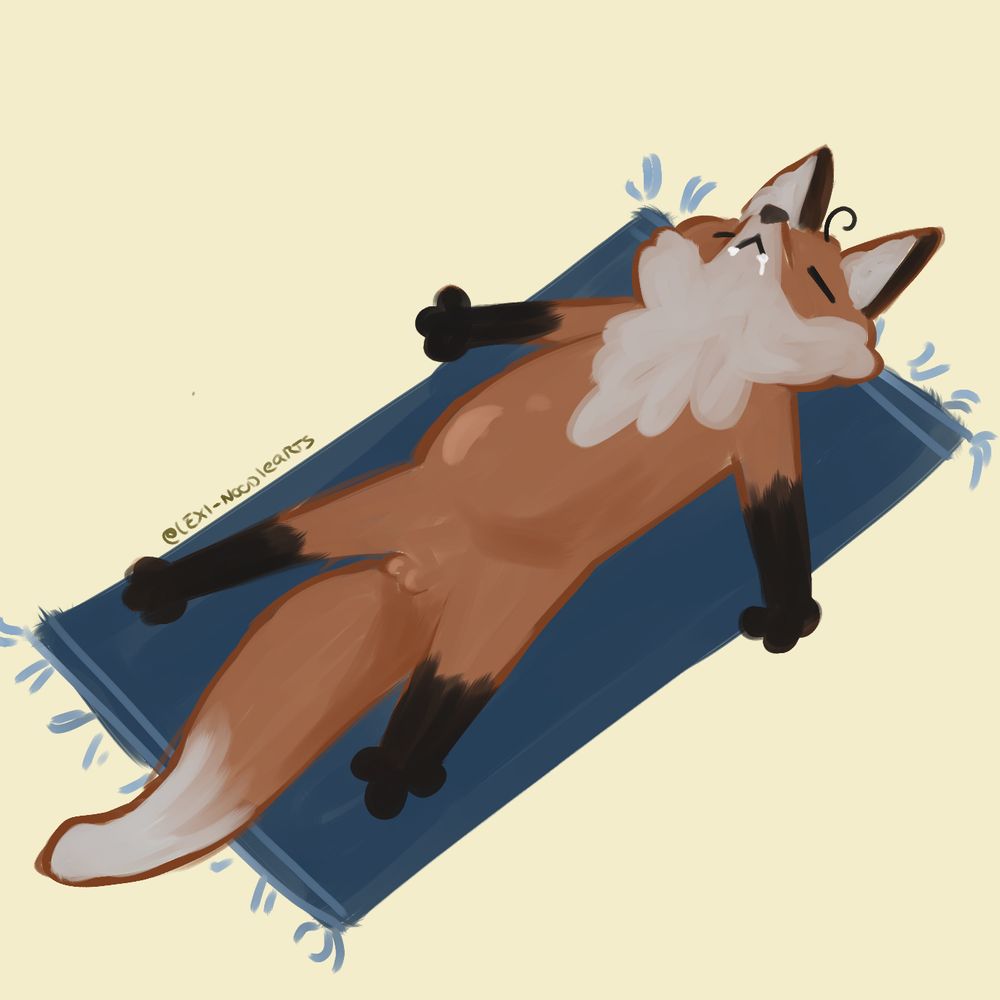 digital drawing of foxxian sleeping belly up on a blue towel, round belly and drops of milk on the corners of his mouth