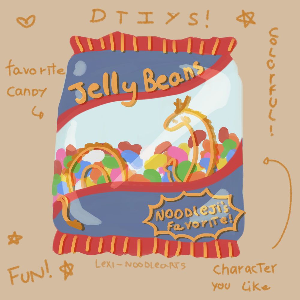 digital drawing of a colorful (blue, red and yellow) jelly bean package, with a noodleji drawn on it and the words "noodleji's favorite!" on the bottom of the pack.

around it, information that shows this is a Draw This in Your Style art and that contestants should choose a favorite candy and character they like to draw.