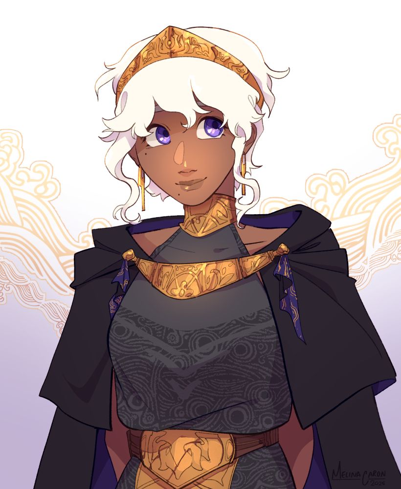 Art of Thea, a princess mage. She wears a gold crown as well as a brooch and lapel, which holds her black robe together. The robe is lined with purple on the inside while she wears a gray sleeveless dress with a pattern. Her skin is dark, and her eyes are dark purple. She wears a gentle smile as she looks off to her left.