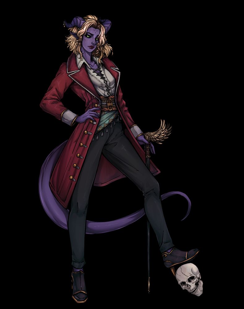 A nephilim, aka a tiefling/cambion, with purple skin and loosely gathered blonde hair stands confidently posed looking through the POV. She is balancing a skull under her left heeled shoe, with an elaborate cane in her left hand. She is wearing a long red coat and a white linen shirt with loose fastens. She is slim and lithe, but stands with a large silhouette. Her name is Fortune, and she has gleaming emerald eyes with black scaleras, one of which is slightly obscured by her bangs on the left side of her face.

Fortune is played by MaxPoetic.