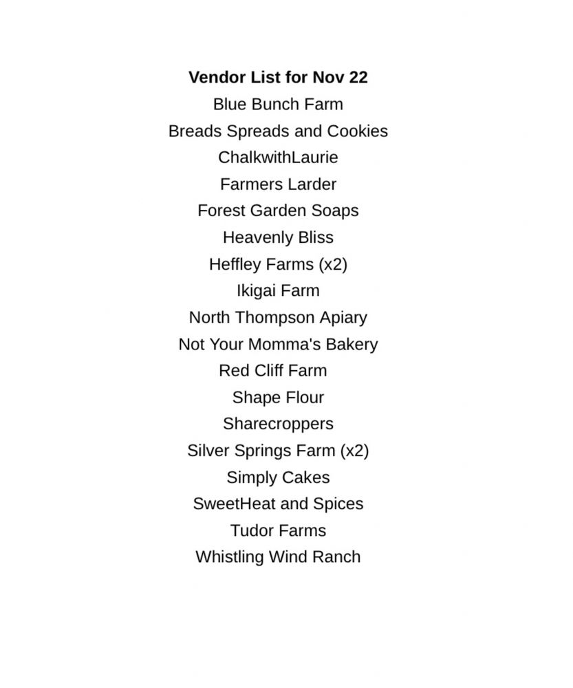 A list of vendors in alphabetical order by business name.  Topping the list it says, “Vendor List for Nov 15.”  Vendors as listed are:  Blue Bunch Farm, Breads Spreads and Cookies, ChalkwithLaurie, Farmers Larder, Forest Garden Soaps, Heavenly Bliss, Heffley Farms (x2), Ikigai Farm, North Thompson Apiary, Not Your Momma's Bakery, RED CLIFF FARM, Shape Flour, Sharecroppers, Silver Springs Farm (x2), Simply Cakes, SweetHeat and Spices, Tudor Farms, and Whistling Wind Ranch.  The 2x refers to farm vendors with 2 table spaces. 