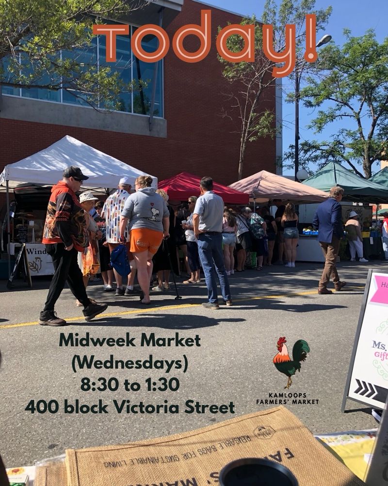 A photo of market on July 23rd, 2025 from the information booth looking towards the vendor booths on the south side of the street.   Text on the image says, “Today! Midweek Market (Wednesdays), 8:30 to 1:30, 400 block Victoria Street.” The KFM rooster logo is in the lower right.