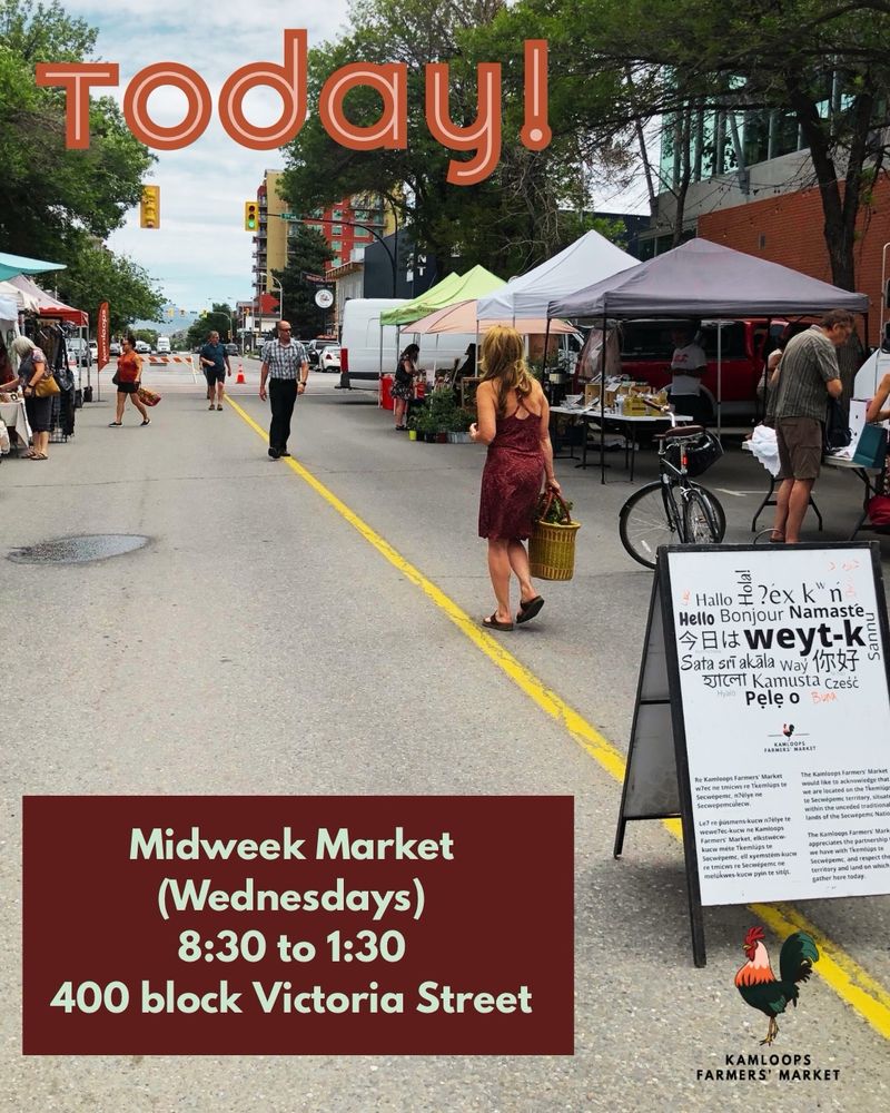 A photo taken from the July 2nd, 2025 Midweek Market just before the end of market. Text on the image says, “Today! Midweek Market (Wednesdays), 8:30 to 1:30, 400 block Victoria Street.” The KFM rooster logo is at the bottom left.