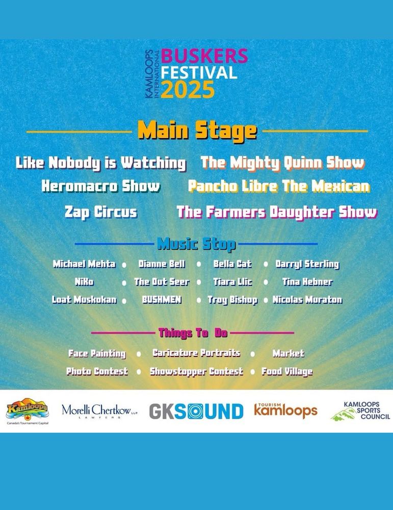A listing of activities for the Kamloops International 2025 Buskers’ Festival, under categories of Main Stage, Music Stop, and Things to Do.  At the bottom of the image are the logos of the main sponsors of the event.
