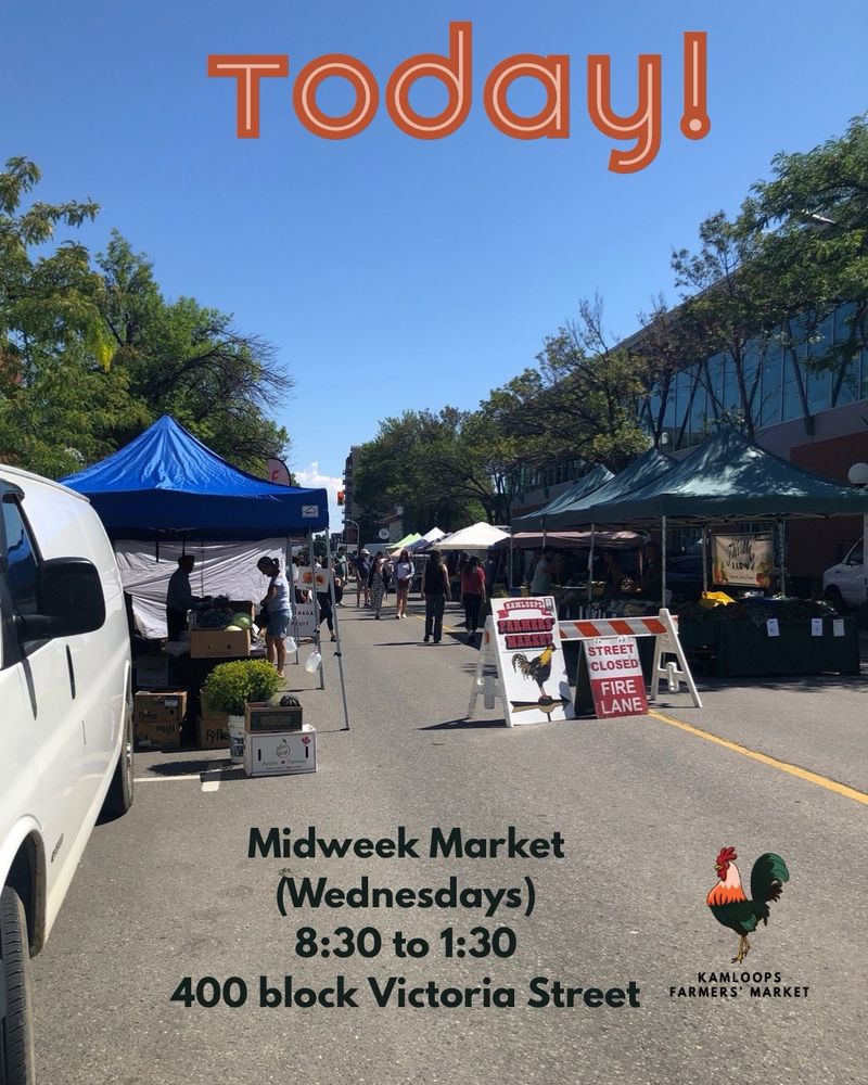 A photo of market on July 30th , 2025—a gorgeous blue sky Midweek Market day.   The photo is from the west entrance near the Heffley Farm booth, and with vendors & market supporters visible on both sides of the street. In the midground is an A frame sign that says, “Street closed / Fire Lane” next to a barricade.  Resting against the barricade is a sign noting, “Kamloops Farmers’ Market.” Text on the image says, “Today! Midweek Market (Wednesdays), 8:30 to 1:30, 400 block Victoria Street.” The KFM rooster logo is at the bottom right.