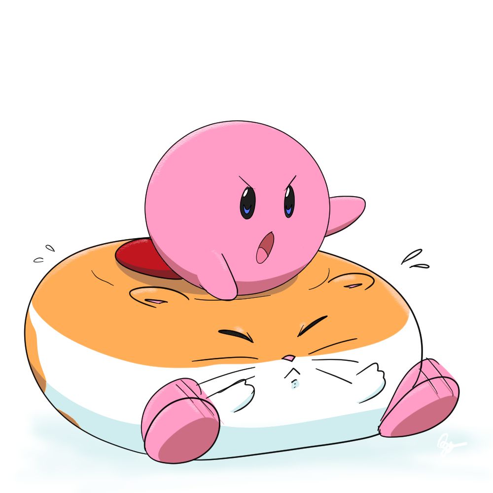 a flat and round Rick full of cheese, struggling to run at Kirby's command, unsuccessfully, feet wiggling in the air