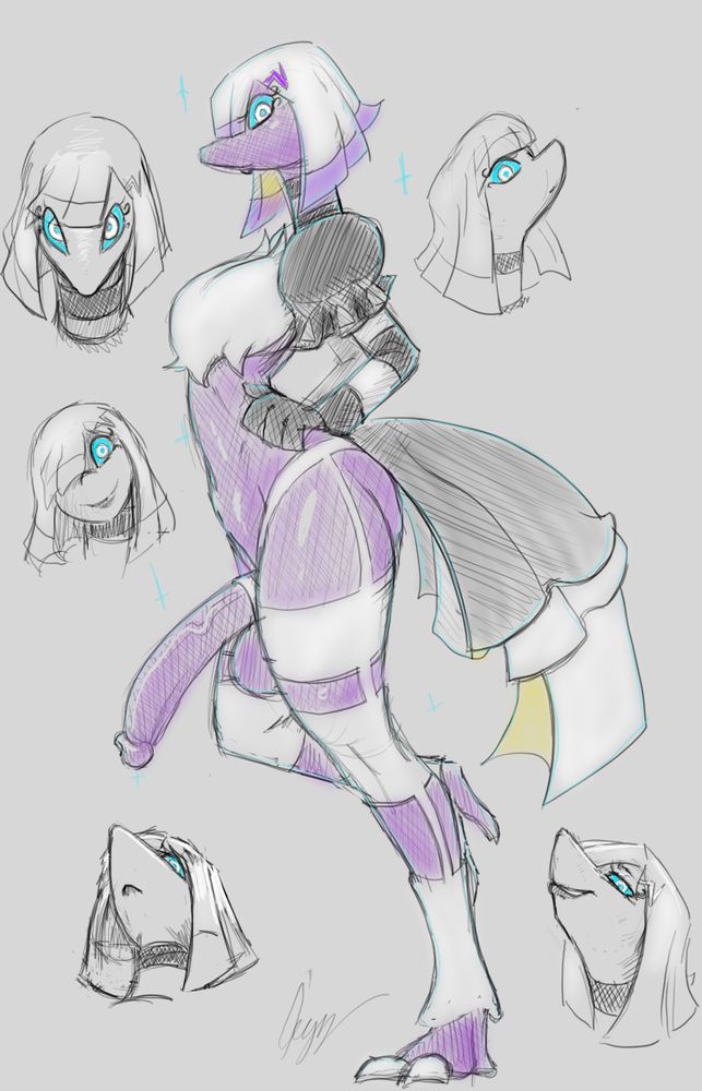 a feminine build espathra anthro in profile with hands on his hips and the back leg raised, cock out. 5 head shots surround the main body image, emphasizing that he is nearly always looking at you, no matter what direction he's facing