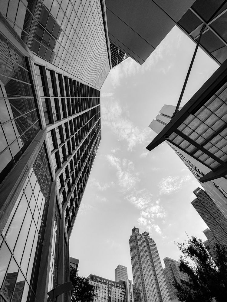 The Atlanta Hilton from a ground-up perspective, in black and white. 