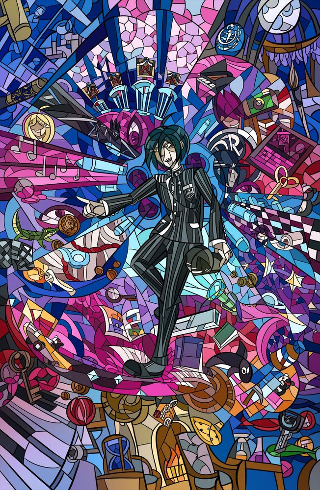 A Stained glass style mosaic illustration of Shuichi Saihara from Danganronpa V3: Killing Harmony, surrounded by motifs of the various trials and killers in the game, as well as mini games and items used to unlock things each chapter.