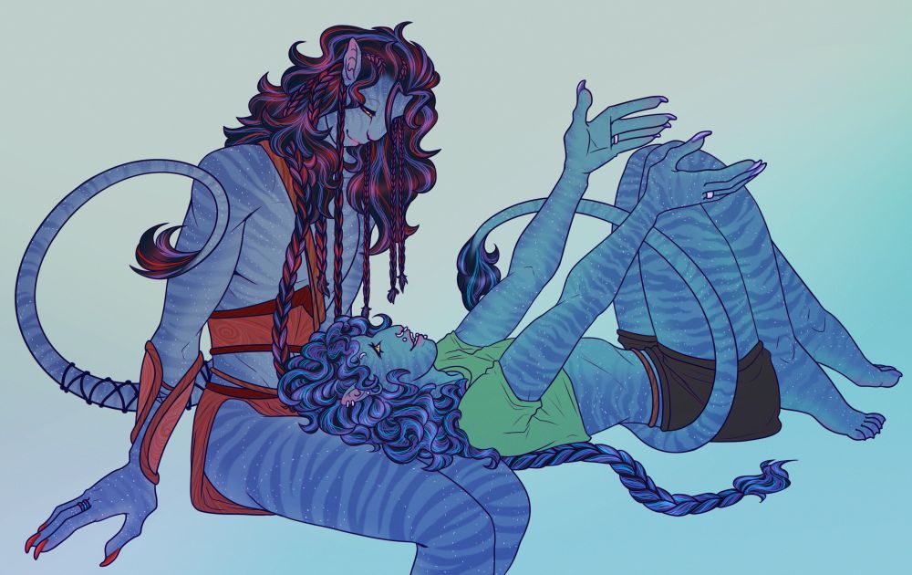 A clean, coloured sketch of my husband in an Avatar body and me as one of the Na'Vi people, chilling as my husband rest his head on my lap and yaps to me