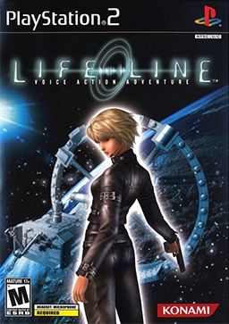 Blonde woman in a black suit holding a pistol in space with the words lifeline voice action adventure above her
