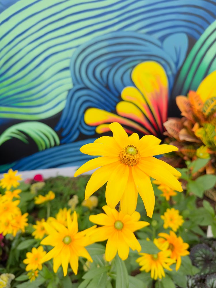 Bright yellow flowers stand in front of a blue and green swirly mural with yellow flowers.