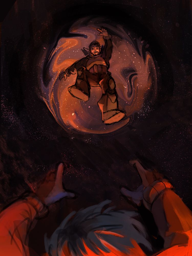 art of a man falling upwards towards a rift in a space like portal; his friend reaches for him, though if it’s to push or to save him is unclear.
