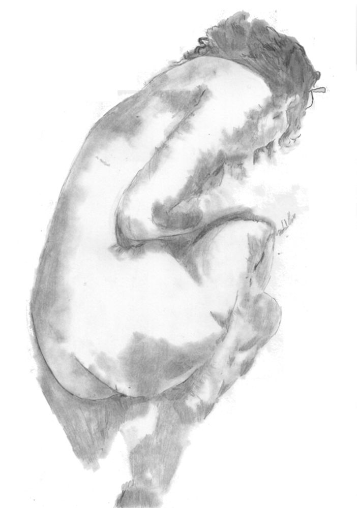 Pencil drawing of a naked person curled up around themself, viewed from behind. The detailed shading conveys a contemplative, introspective mood. Monochrome tones.