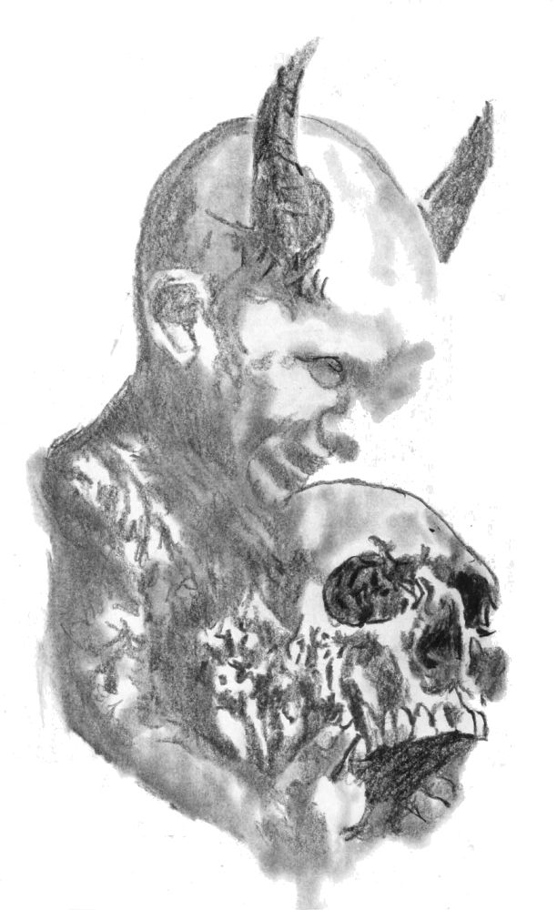 Pencil and charcoal drawing of a horned figure from the waist up, holding a skull. The features of the figure are blurred, but the face of the skull is well-defined, emphasising the skull's face.