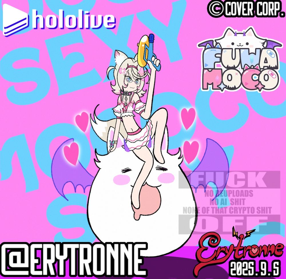 Mococo Abyssgard from Hololive EN trying her best to be sexy and sitting on top of Pero cuz sitting on mascots is a running joke with my pinups 