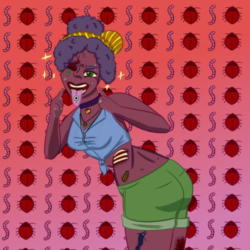 A zombie girl with several bugs crawling all over her