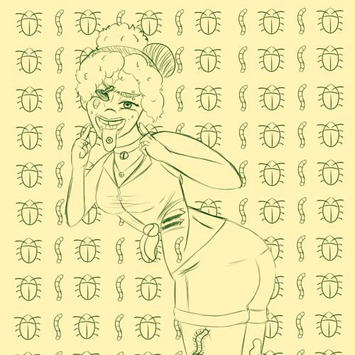 A haitian zombie girl has twisted herself towards the camera, several bugs crawling around her body. The background is made of bugs.