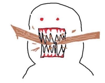 Simple drawing of a man with sharp teeth biting through wood