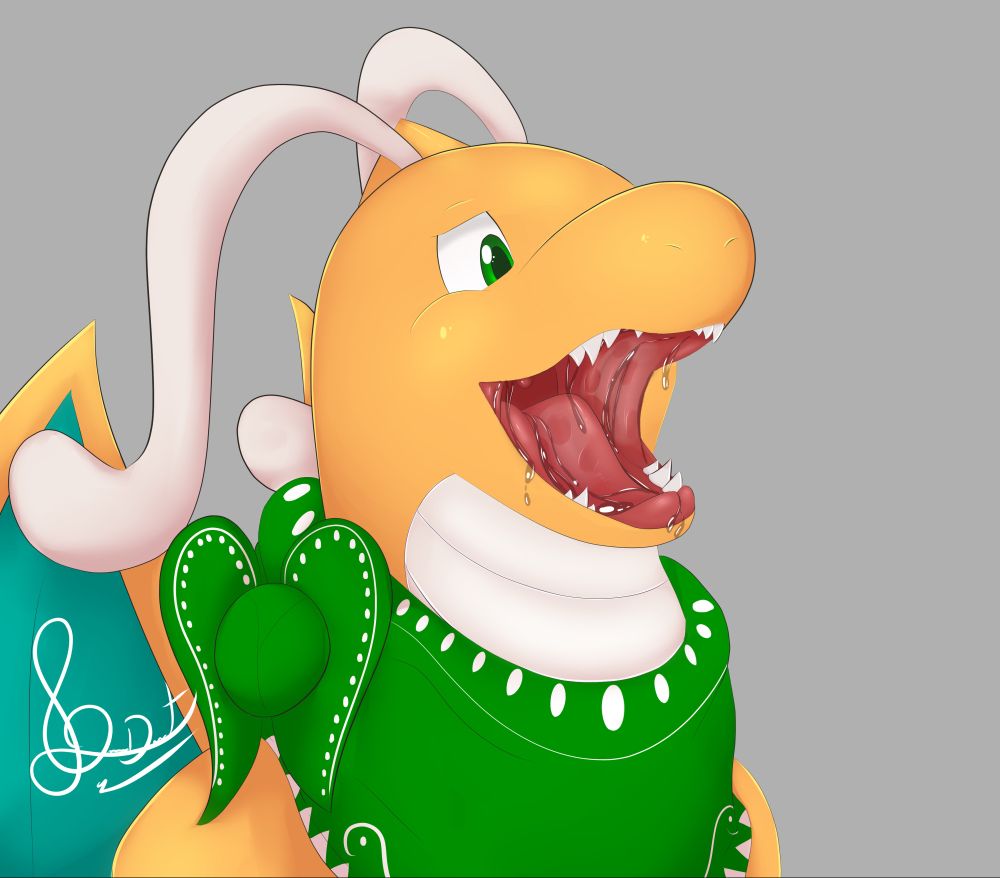 A dragonite showing his wet maw and little fangs