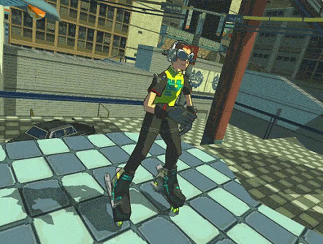 a cartoon character wearing headphones and roller skates is walking on a tiled floor