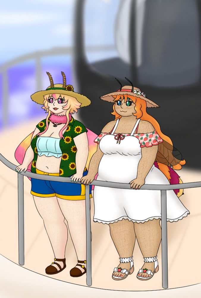 Two bug girls standing against the railings of a lighthouse. On the left is Maple the rosy maple moth wearing Star's green sunflower buttonup over the seafoam tube top, blue shorts with yellow lining, brown sandals with gold stars, labradotite necklace, and  sun hat with green band and a little sunflower on it. She has yellow blonde hair with pink streaks, dark scalera with a hexagonal pattern, pink neck fluff, pink and yellow wings, and bipectinated antennae sticking out of the hat. On the right Star is a bumble bee girl wearing Maple's open shoulder white dress with lace trim around the skirt over a pink and red strawberry patterned top with ruffles around the arms, white open toed sandals with strawberry bows, and a floppier style sun hat with a red band and white flowers. She has her strawberry blond hair here with thorax stripes in darker red, 3 additional oculi type eyes across her forehead all with dark scalera, transparent wings, and geniculated antennae sticking out through the hat. Their hands are touching at the pinkies.
