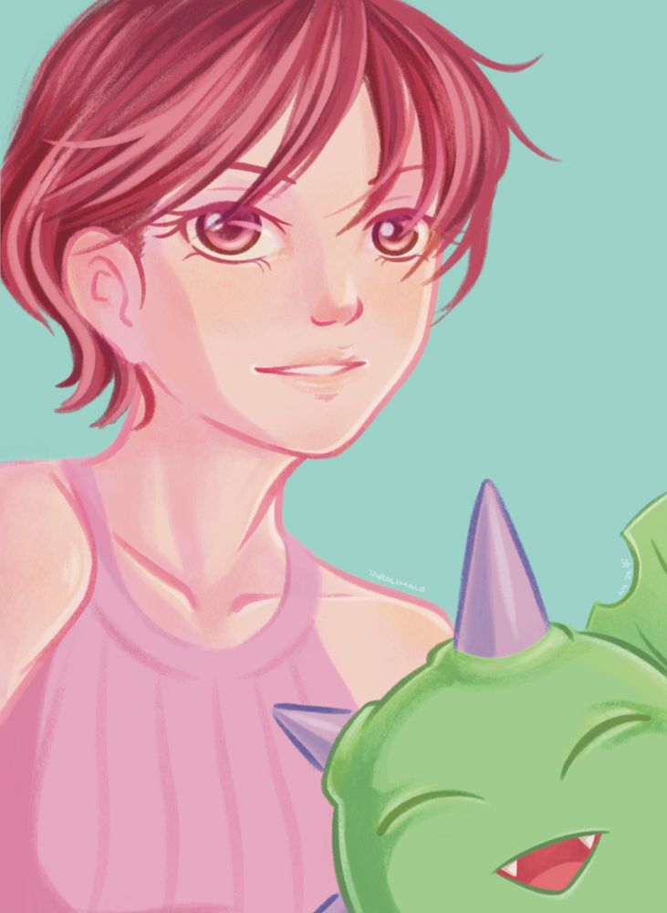 Yoshino Fujieda from Digimon Savers wearing her pink tank top with a content smile.
Budmon is in front with a big grin.