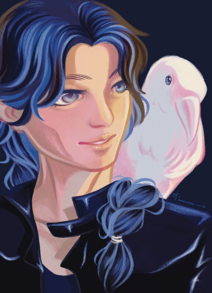 A bust of Raven, wearing a dark shirt and leather jacket. His hair is in a braid that drapes over one shoulder. On one shoulder perches Nix. His pet albino raven.