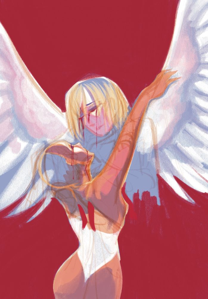 Humanformer Parma with white wings spread upwards. He is holding onto his trinemate as she drapes on him, blood where her wings should be. The background is bright red