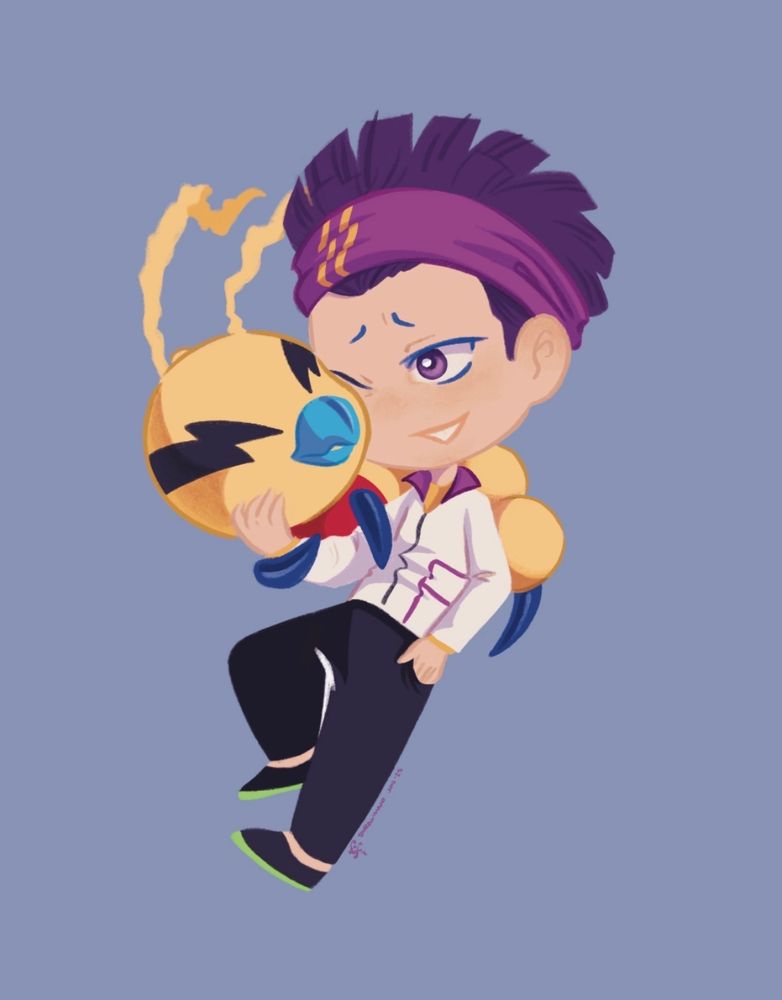 A chibi drawing of Ryo Tominaga from Digimon Survive. Kunemon is curled around his back, head rubbing his cheek.