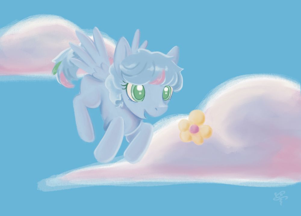 A lineless digital painting of Windy Wishes, a My Little Pony OC by cr1vos, mid-flight looking at a fluffy yellow flower 'growing' on a cloud